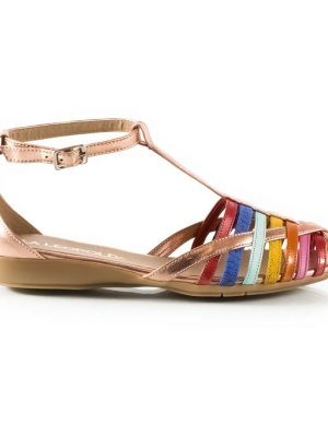 sandalias con taco bajo de mujer con diseño original de tiritas en cuero multicolor y base de cuero metalizado color cobre