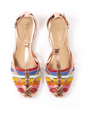 sandalias con taco bajo de mujer con diseño original de tiritas en cuero multicolor y base de cuero cobre