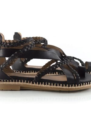 sandalias bajitas de mujer con tiras tipo romanas de cuero negro graneado