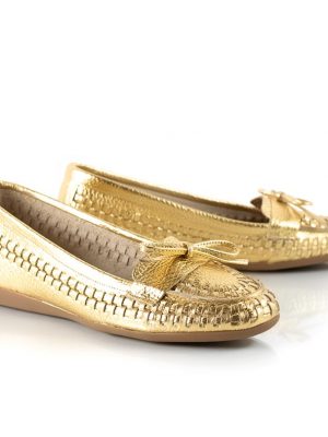 mocasines de mujer de cuero tramado metalizado dorado a la moda