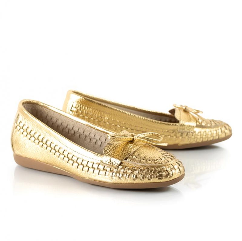 mocasines de mujer de cuero tramado metalizado dorado a la moda