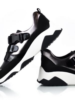 zapatillas de diseño original para mujer en cuero metalizado peltre y negro con elasticos
