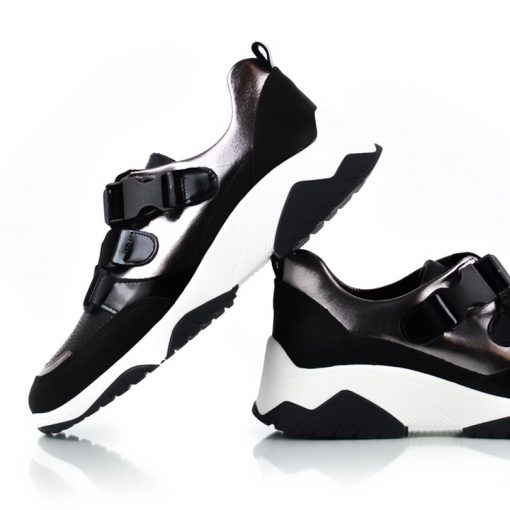zapatillas de diseño original para mujer en cuero metalizado peltre y negro con elasticos