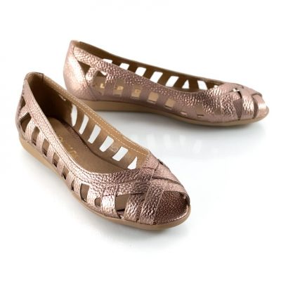 zapatos tipo chatitas balerinas de cuero metalizado calado color cobre con puntera boca de pez y diseño original