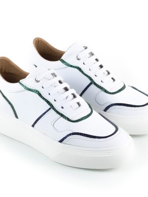 zapatillas de vestir para mujer en cuero blanco con detalles metalizados y suela antideslizante