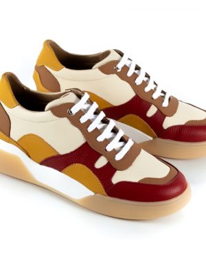zapatillas de mujer en mix de cueros bordo, mostaza y beige