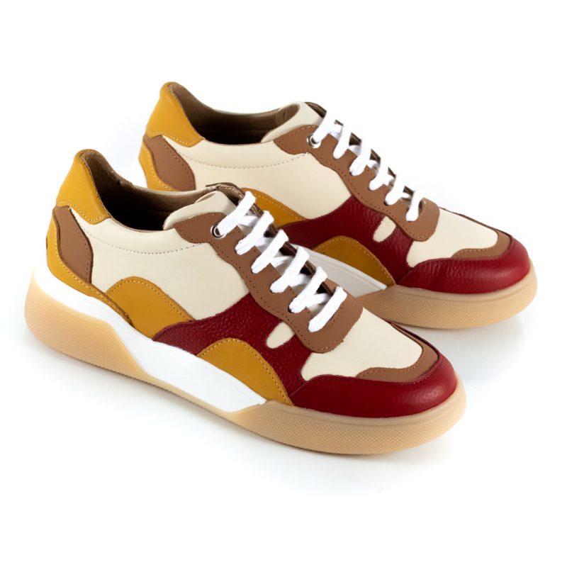 zapatillas de mujer en mix de cueros bordo, mostaza y beige
