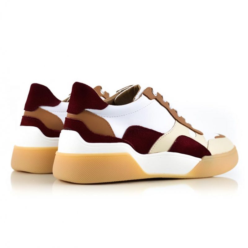 zapatillas de vestir para mujer en cuero bordo, beige y marron
