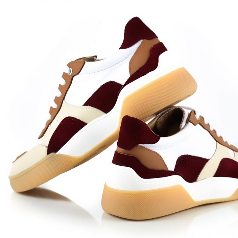 zapatillas de mujer con diseño original en cuero bordo, beige y marron y suela antideslizante