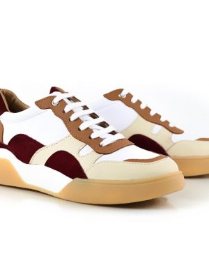 zapatillas urbanas de mujer a la moda en cuero bordo, beige y marron