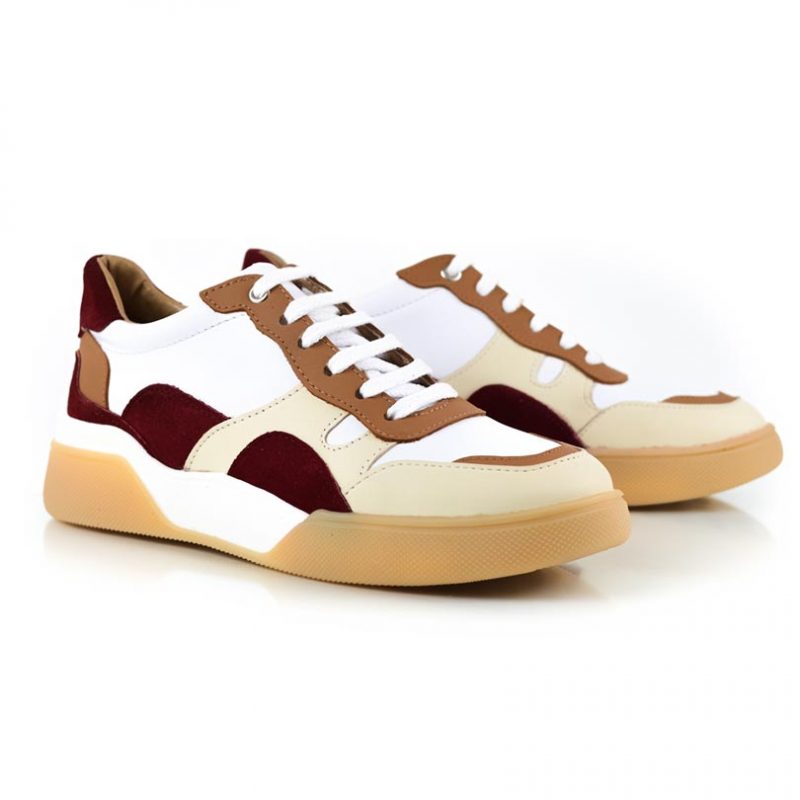 zapatillas urbanas de mujer a la moda en cuero bordo, beige y marron