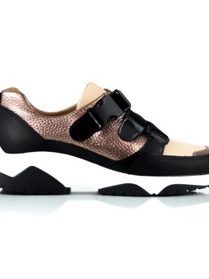 zapatillas de mujer de cuero color cobre metalizado con elásticos