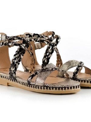 sandalias bajitas en cuero trenzado metalizado negro y dorado