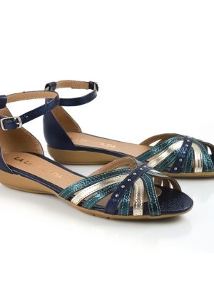 sandalias bajitas en cuero metalizado azul y petroleo