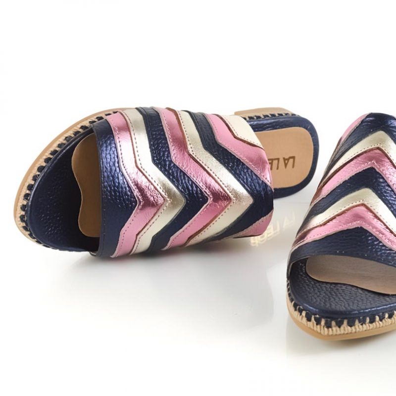 sandalias bajitas de mujer en cueros rosa beige y azul metalizados con diseño original