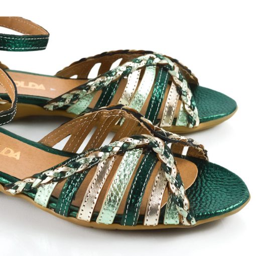sandalias de mujer a la moda en cuero metalizado verde y platino