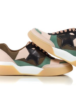 zapatillas urbanas de cuero rosa y verde para mujer con diseño original