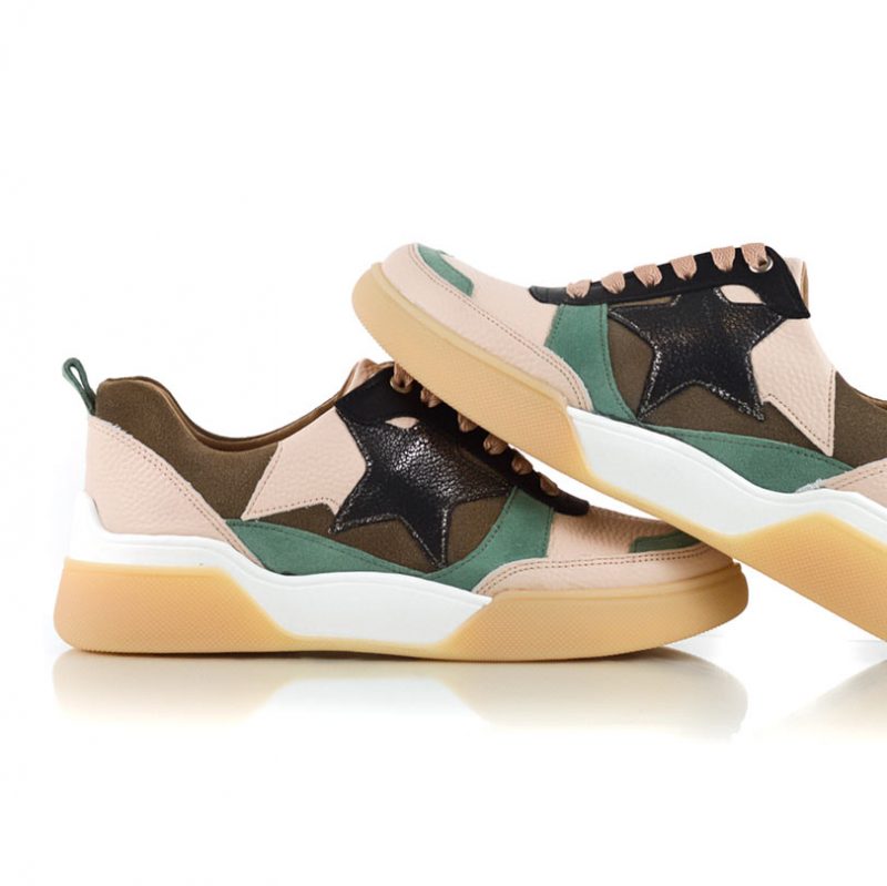 zapatillas urbanas de cuero rosa y verde para mujer con diseño original