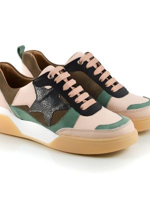 zapatillas urbanas de cuero rosa y verde para mujer a la moda