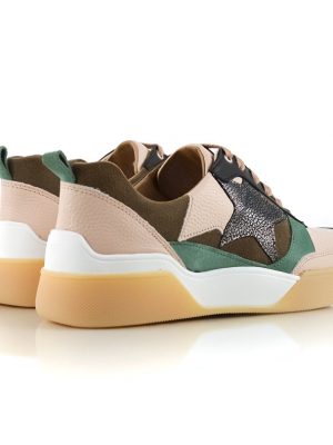 zapatillas de vestir para mujer en cuero rosa y verde a la moda