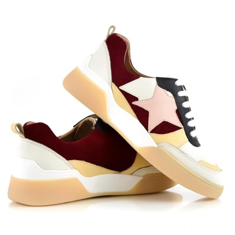 zapatillas urbanas de mujer en cuero bordo y amarillo con diseño original