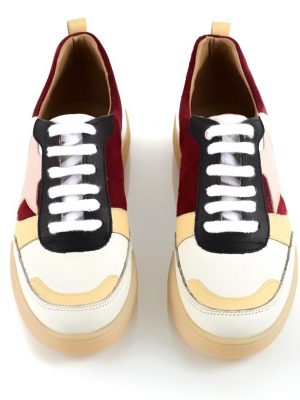zapatillas de vestir para mujer en cuero bordo y amarillo con diseño original