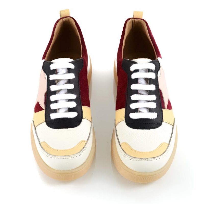 zapatillas de vestir para mujer en cuero bordo y amarillo con diseño original