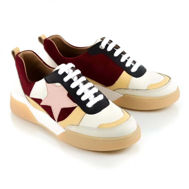 zapatillas de mujer de cuero bordo y amarillo con suela antideslizante