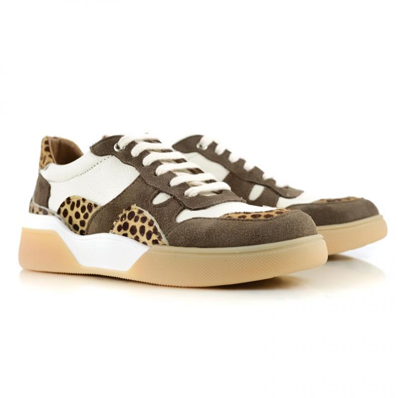 zapatillas de vestir para mujer en cuero gamuzado chocolate y pelo print con diseño original