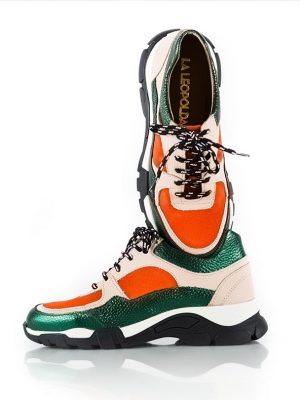 zapatillas-urbanas-de-mujer-en-cuero-metalizado-verde-y-cuero-gamuzado-naranja-araucaria-de-la-leopolda