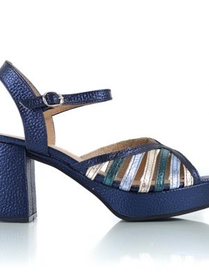 Sandalias de fiesta con taco y platataforma azul metalizado