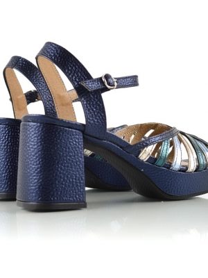 Sandalias de fiesta con taco y platataforma azul metalizado