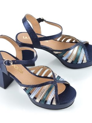 Sandalias de fiesta con taco y platataforma azul metalizado