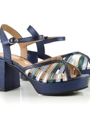 Sandalias de fiesta con taco y platataforma azul metalizado
