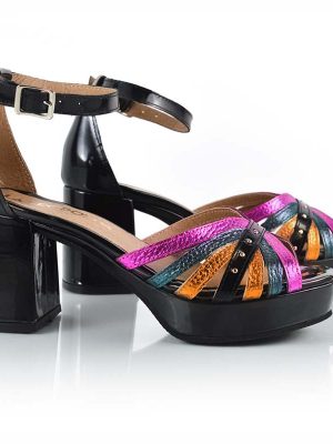 Sandalias de fiesta negras charol con fucsia naranja y verde metalizado
