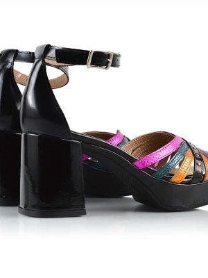 Sandalias de fiesta negras charol con fucsia naranja y verde metalizado