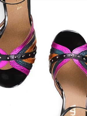 Sandalias de fiesta negras charol con fucsia naranja y verde metalizado