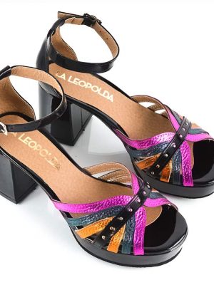 Sandalias de fiesta negras charol con fucsia naranja y verde metalizado